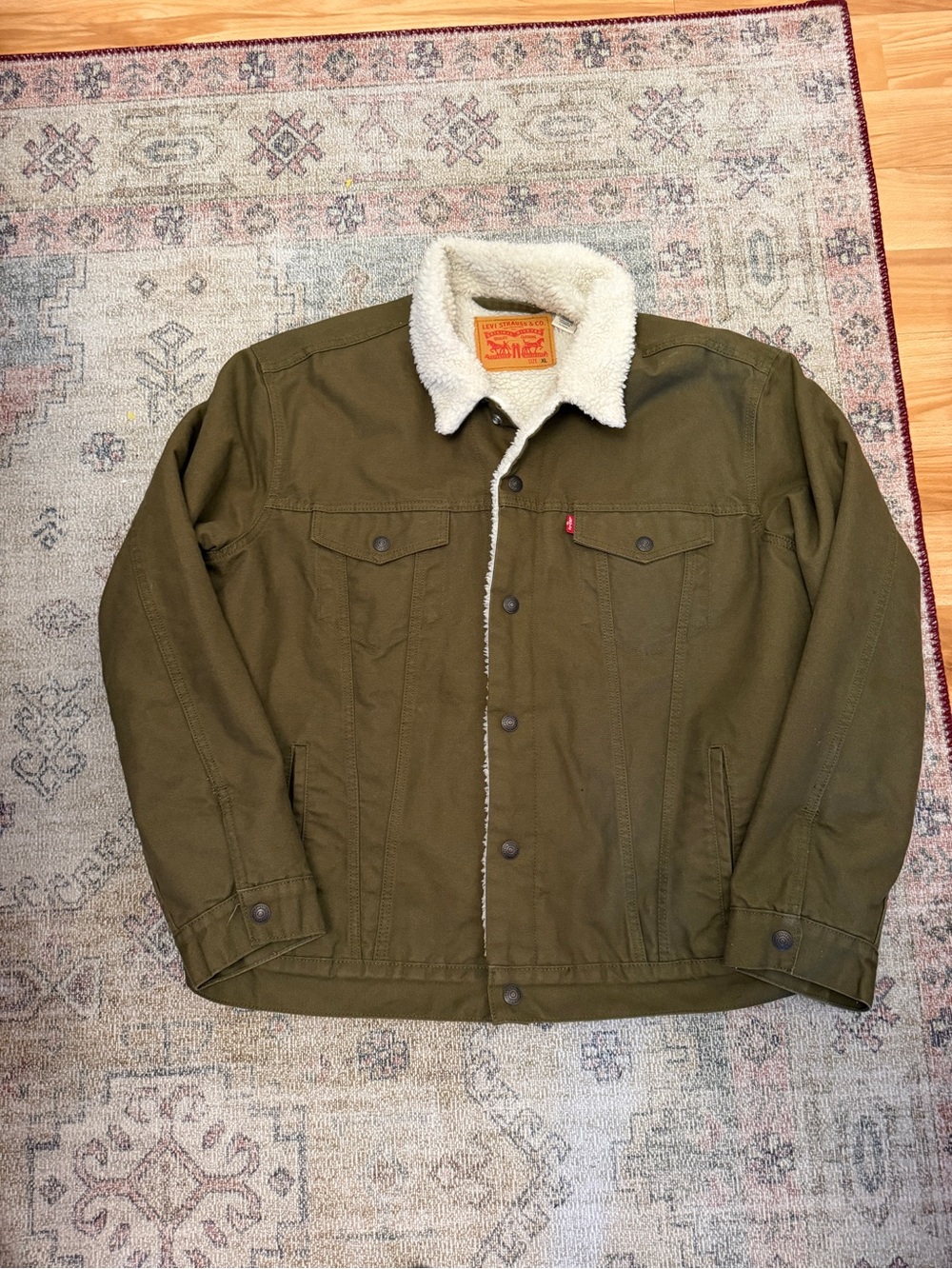 Levi's Olive Sherpa-Lined Trucker Jacket with Cream Collar
